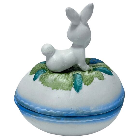 Bisque Bunny Rabbit Egg-Shaped Covered Trinket Candy Dish 5" Easter Decor VTG - Picture 3 of 7